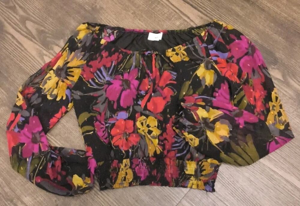 Sadie & Sage Smocked Hem Crop Blouse Multicolor Floral Black XS Sheer Lined